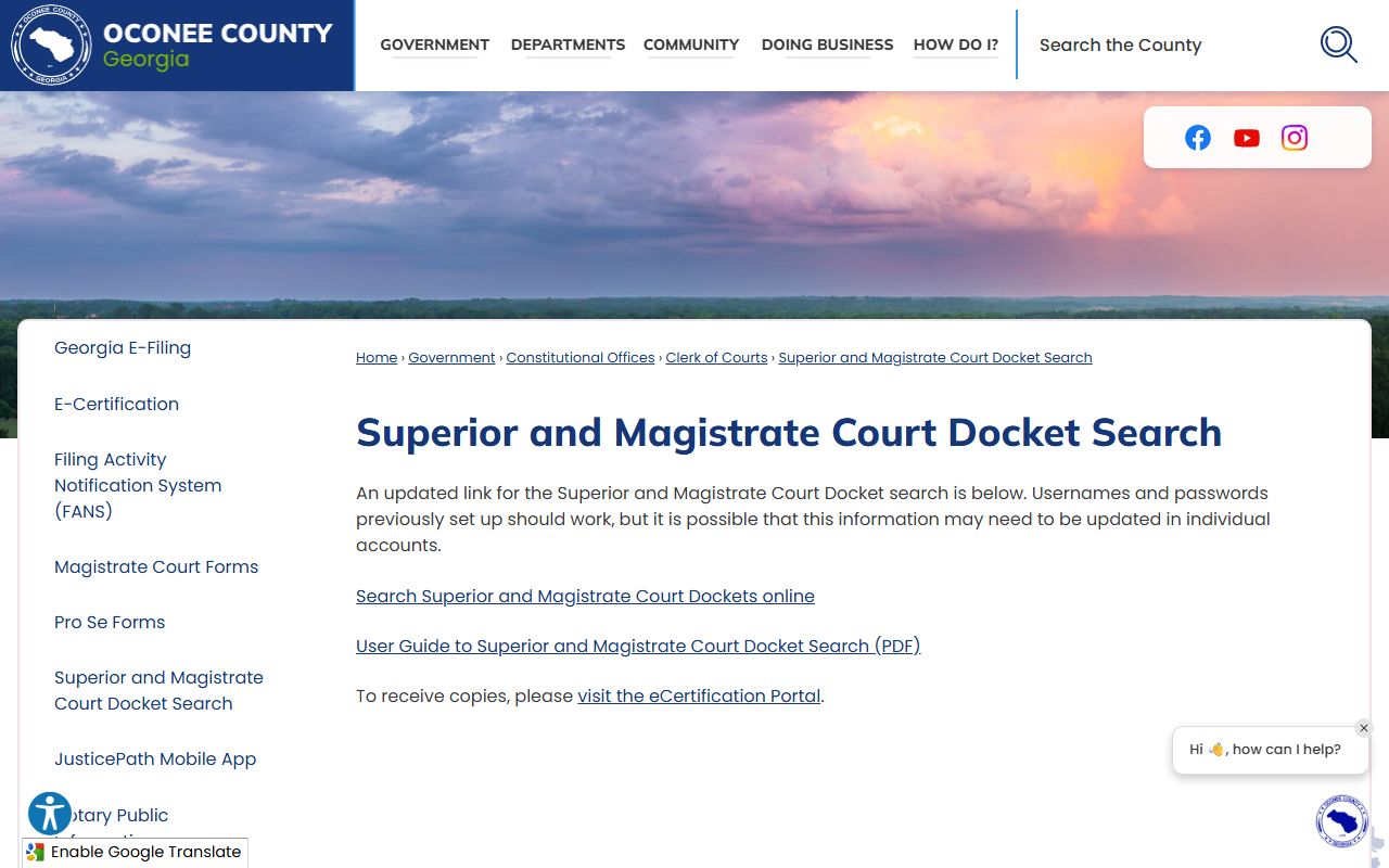 Oconee County court records after arrest docket search page