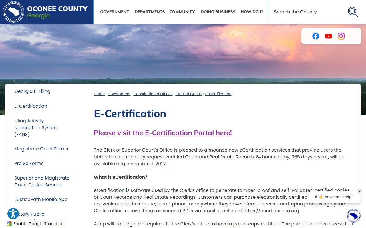 Oconee County court records after arrest eCertification page