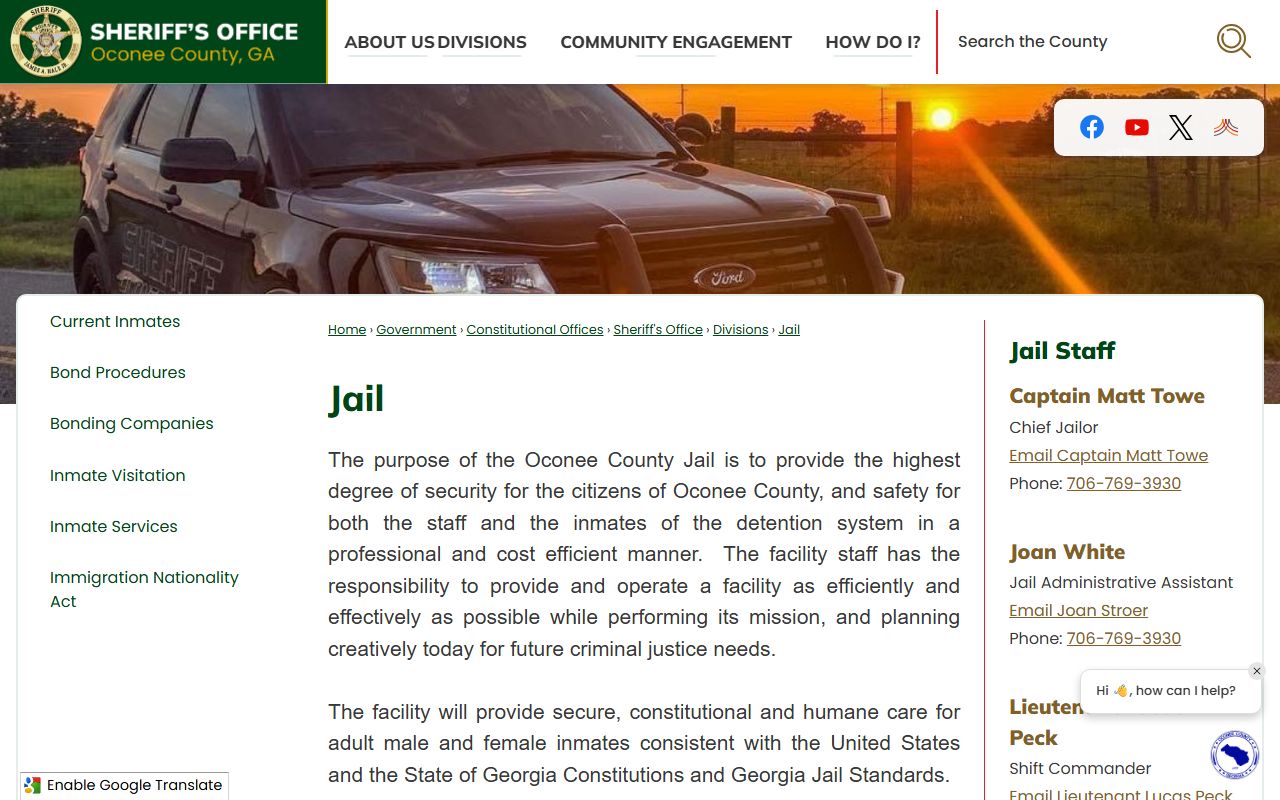 Oconee County Jail overview page with jail operations information