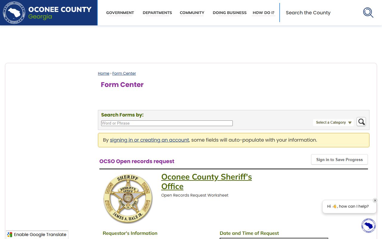 Oconee County Sheriff's Office open records request form with jail records option