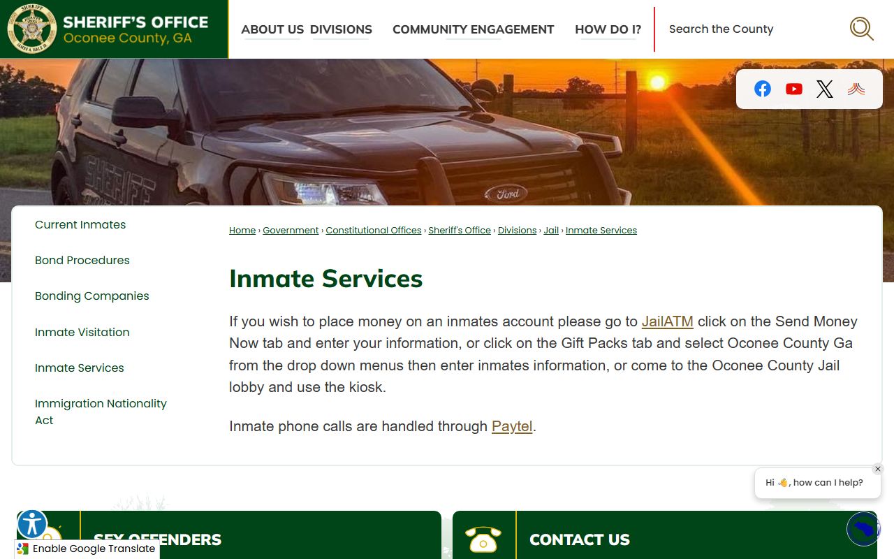Oconee County Inmate Services page showing JailATM and PayTel information