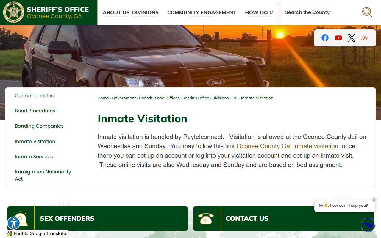 Oconee County inmate visitation page showing PayTel Connect and visit days